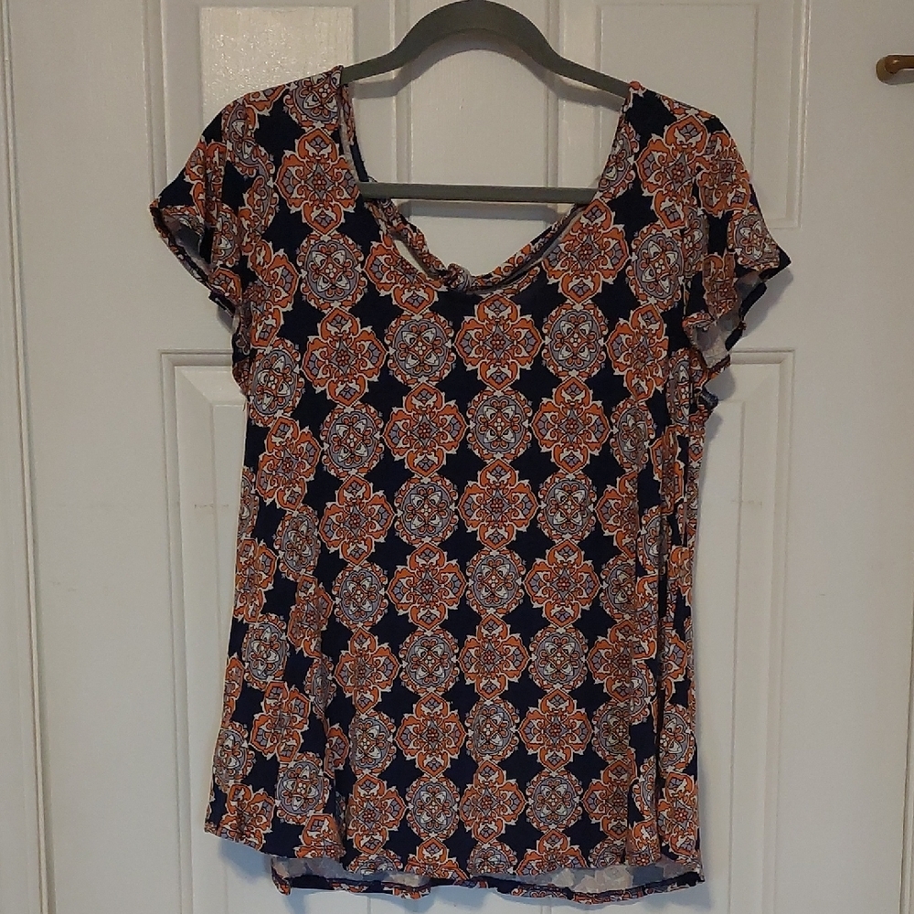 Orange and Pink V-Neck Blouse with Cap Sleeves